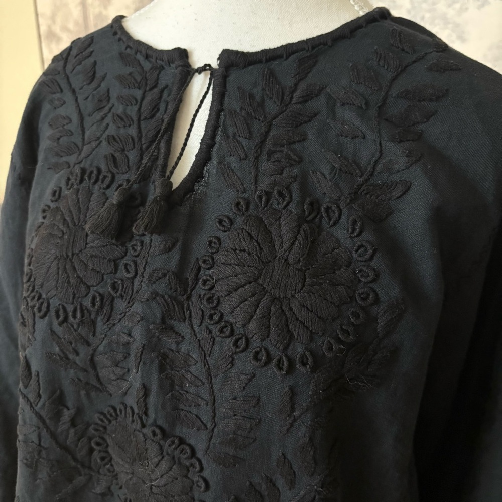 NILI LOTAN‎ Black Embroidered Floral 100% Linen Scoop Maxi Kaftan Dress Size XS - Picture 4 of 10